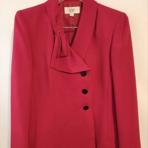 Le Suit Red Blazer Asymmetrical Design Bow Collar Button Front